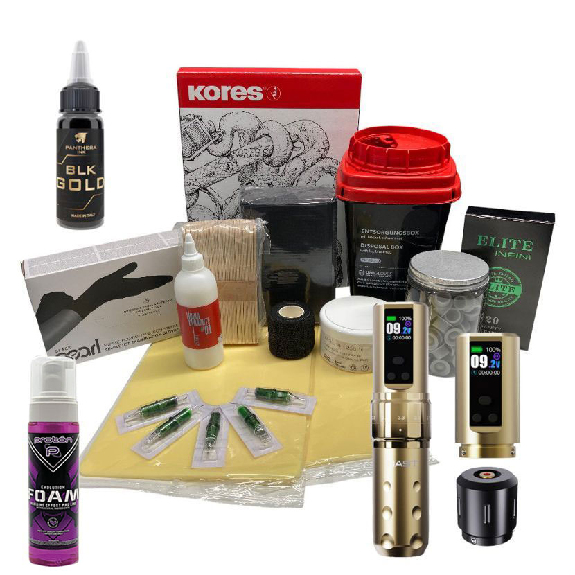 Einsteigerset für Tattoolehrlinge Premium Gold - kabellos