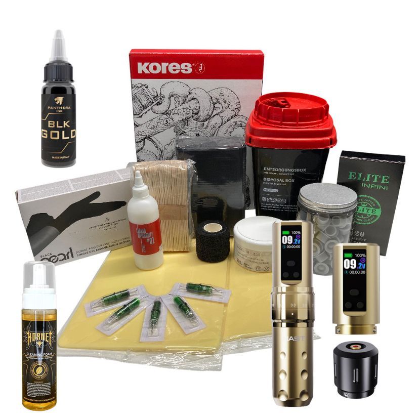 Einsteigerset für Tattoolehrlinge Premium Gold - kabellos